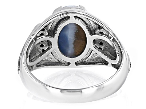 Bi Color Opal Rhodium Over Sterling Silver Men's Ring 0.09ctw