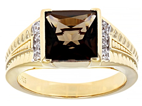 Brown Smoky Quartz 18k Yellow Gold Over Silver Men's Ring 3.34ctw