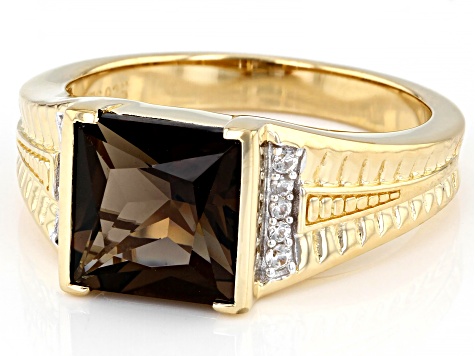 Brown Smoky Quartz 18k Yellow Gold Over Silver Men's Ring 3.34ctw