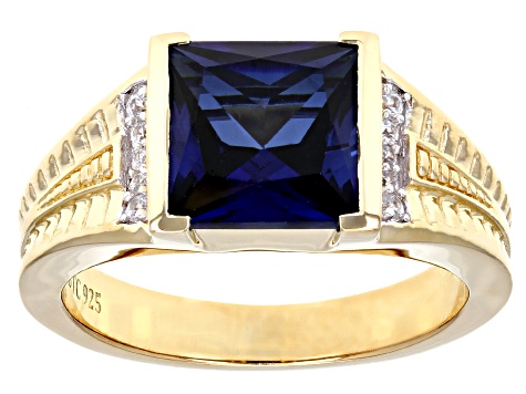 Blue Lab Created Sapphire 18k Yellow Gold Over Silver Men's Ring 5.06ctw