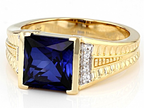 Blue Lab Created Sapphire 18k Yellow Gold Over Silver Men's Ring 5.06ctw