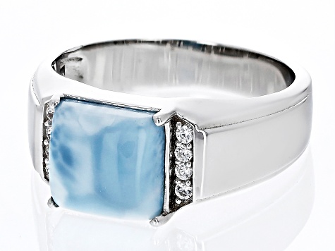 Blue Larimar Rhodium Over Sterling Silver Men's Ring .15ctw