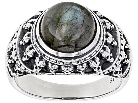 Gray Labradorite Sterling Silver Men's Skull Ring