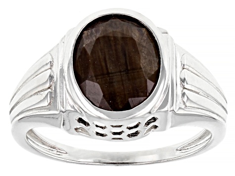 Golden Sheen Sapphire Rhodium Over Sterling Silver Men's Ring 6.15ct