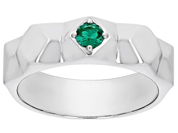 Picture of Green Lab Created Emerald Rhodium Over Sterling Silver Men's May Birthstone Ring .21ct