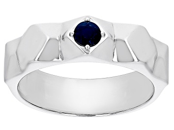 Picture of Blue Sapphire Rhodium Over Sterling Silver Men's September Birthstone Ring .34cy