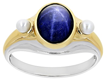 Picture of Blue Star Sapphire With Cultured Freshwater Pearl Rhodium & 18k Gold Over Silver Men's Ring 3.50ct