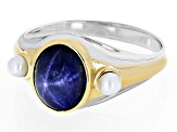 Blue Star Sapphire With Cultured Freshwater Pearl Rhodium & 18k Gold Over Silver Men's Ring 3.50ct
