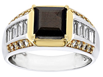 Picture of Golden Sheen Sapphire With Lab Sapphire Rhodium & 18k Yellow Gold Over Silver Men's Ring 4.39ctw
