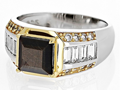 Golden Sheen Sapphire With Lab Sapphire Rhodium & 18k Yellow Gold Over Silver Men's Ring 4.39ctw