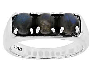 Gray Labradorite Rhodium Over Sterling Silver 3-Stone Men's Ring