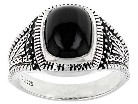 Black Onyx With Black Spinel Rhodium Over Sterling Silver Men's Ring .15ctw