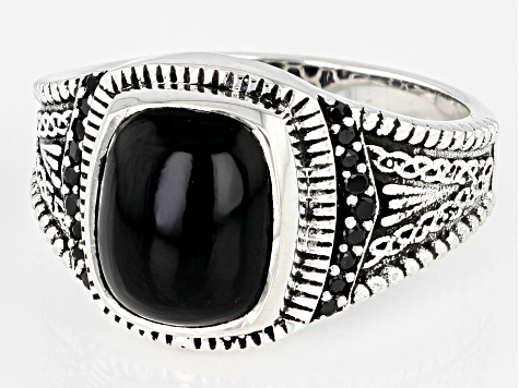 Black Onyx With Black Spinel Rhodium Over Sterling Silver Men's Ring .15ctw