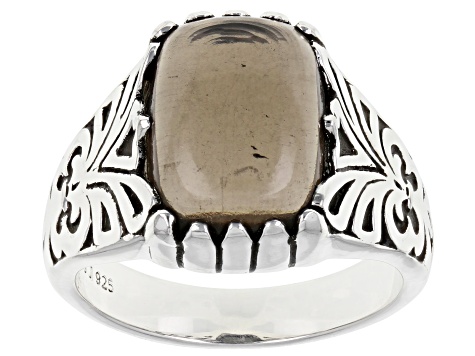 Brown Cabochon Smoky Quartz Rhodium Over Sterling Silver Men's Ring