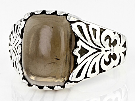 Brown Cabochon Smoky Quartz Rhodium Over Sterling Silver Men's Ring