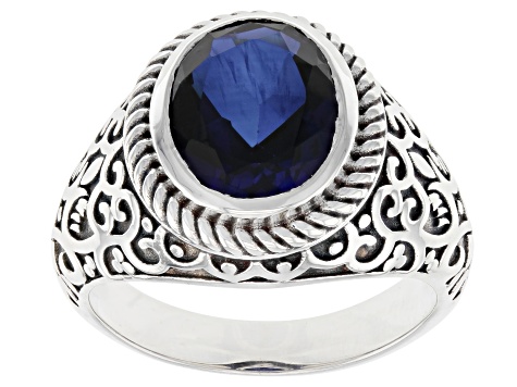 Blue Lab Created Sapphire Sterling Silver Men's Ring 5.40ct - MJO169 ...