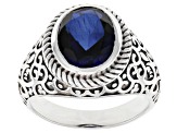 Blue Lab Created Sapphire Sterling Silver Men's Ring 5.40ct