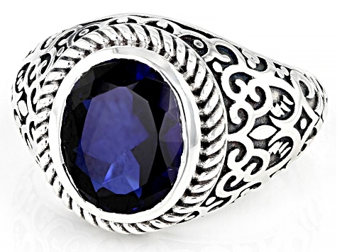Blue Lab Created Sapphire Sterling Silver Men's Ring 5.40ct