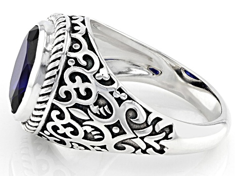 Blue Lab Created Sapphire Sterling Silver Men's Ring 5.40ct