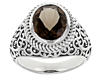 Picture of Brown Smoky Quartz Rhodium Sterling Silver Men's Ring 3.59ct