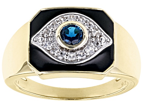 London Blue Topaz 18k Yellow Gold Over Sterling Silver Men's Evil Eye Ring 0.41ctw