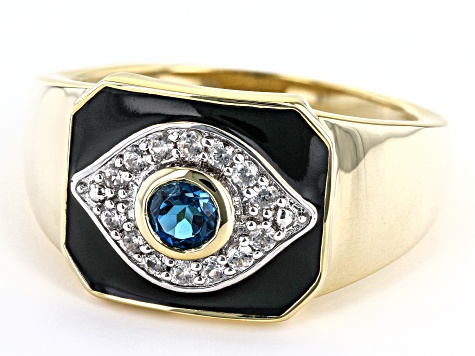 London Blue Topaz 18k Yellow Gold Over Sterling Silver Men's Evil Eye Ring 0.41ctw