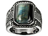 Blue Tigers Eye With Marcasite Black Rhodium Over Brass Men's Ring