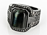 Blue Tigers Eye With Marcasite Black Rhodium Over Brass Men's Ring