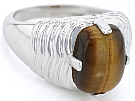 Brown Tigers Eye Rhodium Over Sterling Silver Men's Ring
