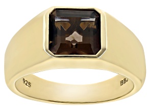 Brown Smoky Quartz 18k Yellow Gold Over Sterling Silver Men's Ring 3.10ct