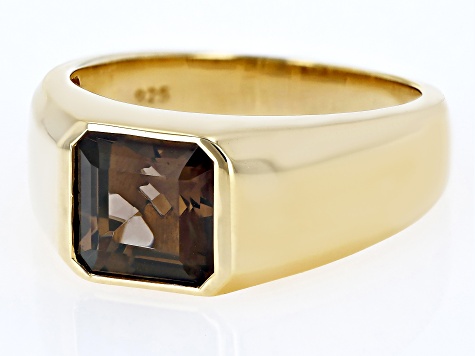 Brown Smoky Quartz 18k Yellow Gold Over Sterling Silver Men's Ring 3.10ct