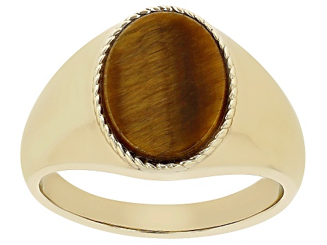 Brown Tigers Eye 18k Yellow Gold Over Sterling Silver Men's Ring