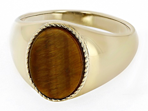 Brown Tigers Eye 18k Yellow Gold Over Sterling Silver Men's Ring
