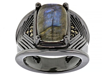 Gray Labradorite with Marcasite, Black Rhodium Over Brass Men's Ring