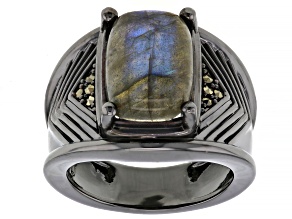 Gray Labradorite with Marcasite, Black Rhodium Over Brass Men's Ring
