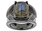 Gray Labradorite with Marcasite, Black Rhodium Over Brass Men's Ring