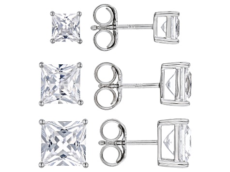 White Lab Created Sapphire Rhodium Over Sterling Silver Men's Set of 3 Stud Earrings 10.87ctw