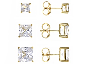 White Lab Created Sapphire 18k Yellow Gold Over Sterling Silver Set of 3 Stud Earrings 10.87ctw