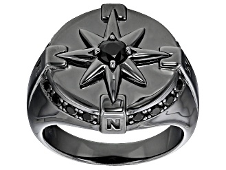 Black Spinel, Black Rhodium Over Sterling Silver Men's Compass Ring .86ctw