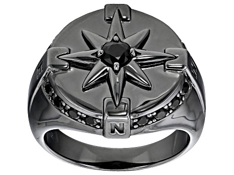 Black Spinel, Black Rhodium Over Sterling Silver Men's Compass Ring .86ctw