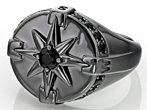 Black Spinel, Black Rhodium Over Sterling Silver Men's Compass Ring .86ctw