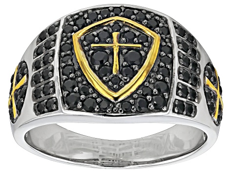 Black Spinel Rhodium Over Sterling Silver Two-Tone Men's Cross Shield Ring .95ctw