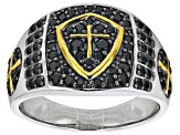 Black Spinel Rhodium Over Sterling Silver Two-Tone Men's Cross Shield Ring .95ctw