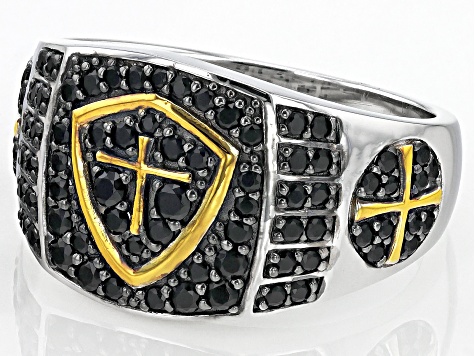 Black Spinel Rhodium Over Sterling Silver Two-Tone Men's Cross Shield Ring .95ctw