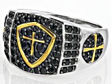 Black Spinel Rhodium Over Sterling Silver Two-Tone Men's Cross Shield Ring .95ctw