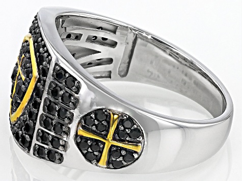 Black Spinel Rhodium Over Sterling Silver Two-Tone Men's Cross Shield Ring .95ctw