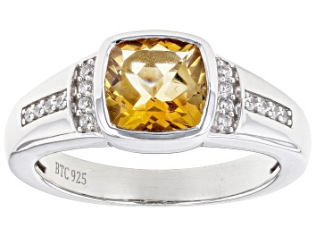 Picture of Yellow Citrine With White Zircon Rhodium Over Sterling Silver Men's Ring 2.09ctw