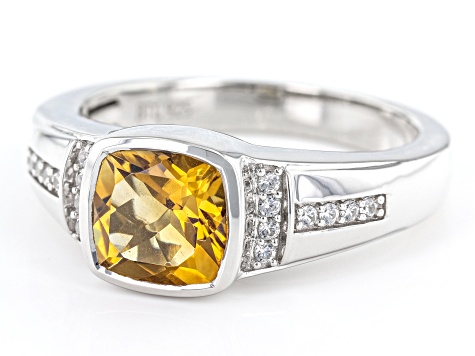 Yellow Citrine With White Zircon Rhodium Over Sterling Silver Men's Ring 2.09ctw