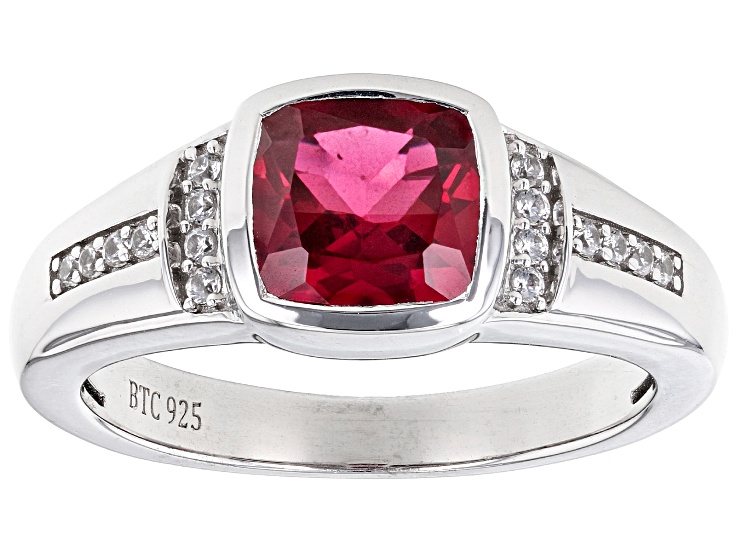 Red Lab Created Ruby With White Zircon Rhodium Over Sterling Silver Men's Ring 2.31ctw