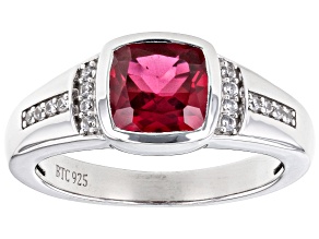 Red Lab Created Ruby With White Zircon Rhodium Over Sterling Silver Men's Ring 2.31ctw